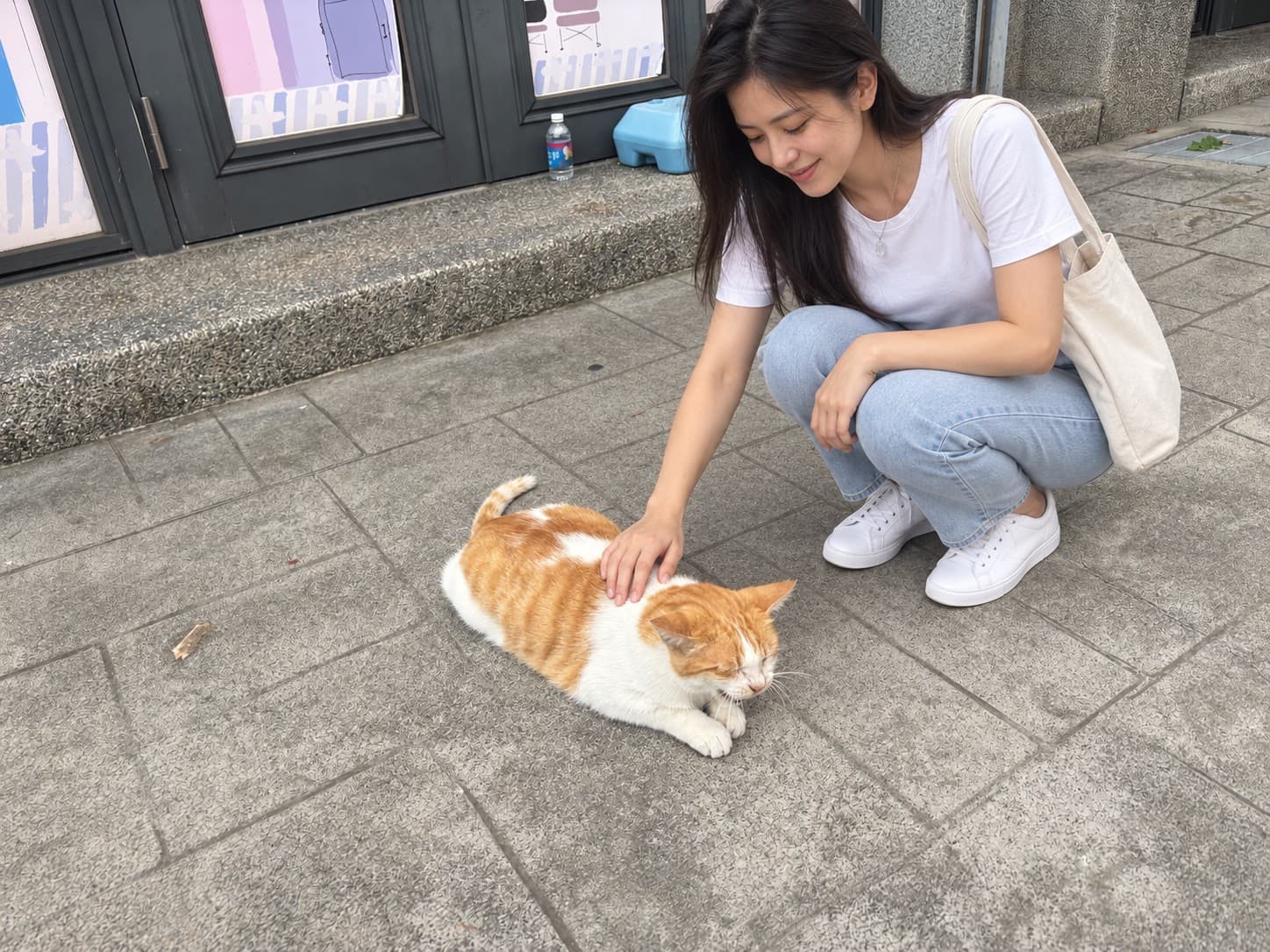以晨蹲在橘白貓旁輕撫肩背